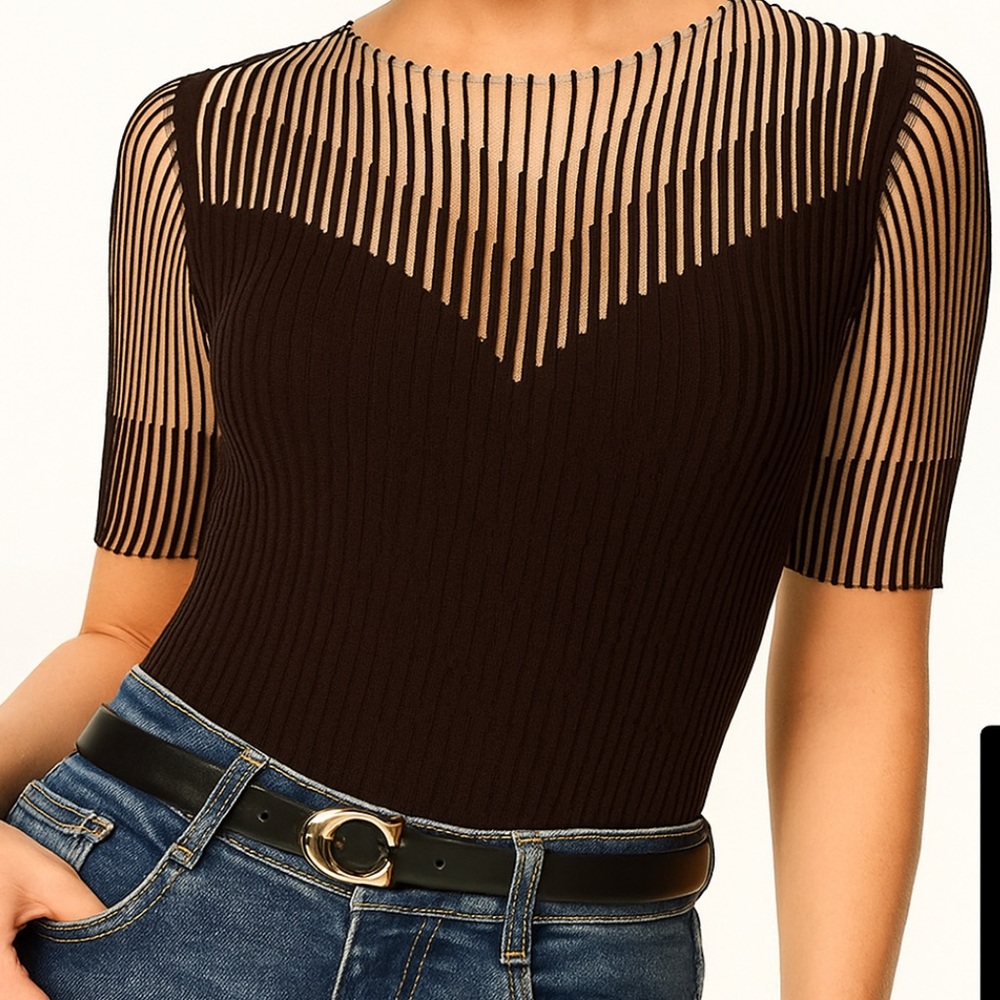 Commense Sheer Striped Panel Ribbed Knit Top